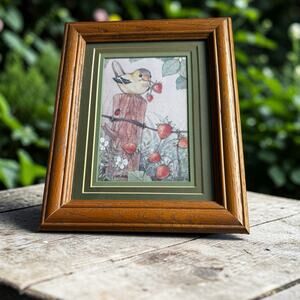 Vintage Framed Bird & Strawberry Print | Signed Angela | Oak Frame